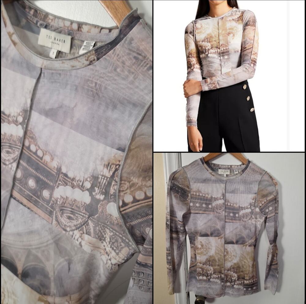 Ted Baker Women's Sheer Top UK 8 Small Long Sleeve Mesh Pattern Grunge Edgy Alt